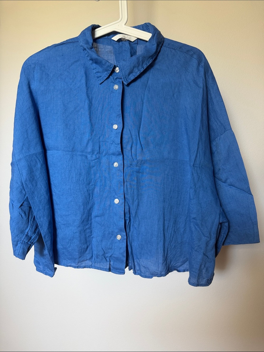 H&M Cerulean Blue Cropped 100% Linen Button-Front Top Shirt L